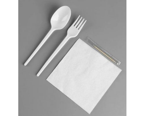 Набор белые приборов (вилка, ложка,салфетка, зубочистка)