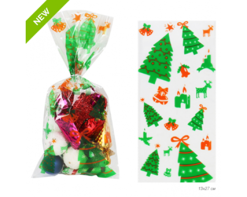 Пакет подарочный НГ 13*27 Новый год Елки колокольчики Полиэтилен (уп 200) купить в Челябинске в Упакофф