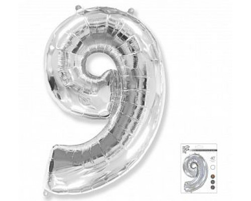 Шар фольгированный 40"/102см Цифра 9 серебро  купить в Челябинске в Упакофф