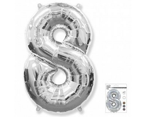 Шар фольгированный 40"/102см Цифра 8 серебро  купить в Челябинске в Упакофф