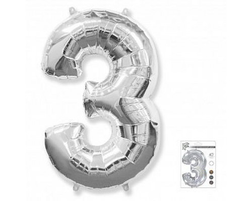 Шар фольгированный 40"/102см Цифра 3 серебро  купить в Челябинске в Упакофф