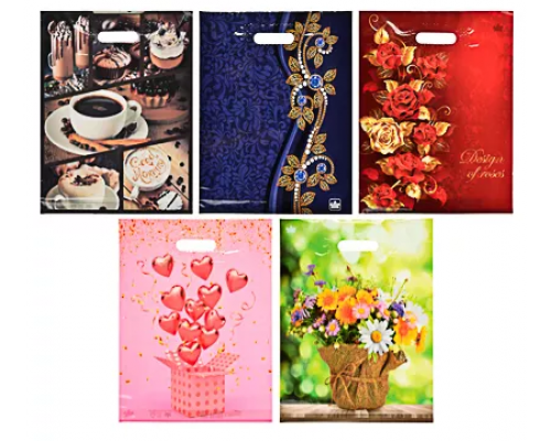 Пакет с вырубной ручкой 36*46 35мкм В АССОРТИМЕНТЕ купить в Челябинске в Упакофф