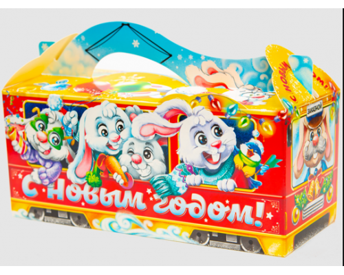 Коробка НГ Зайчики в трамвайчике 230х100х150 500гр (уп250) купить в Челябинске в Упакофф