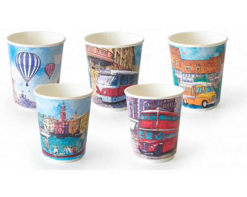 Стакан бумажный 350мл D90 с рисунком в ассортименте купить в Челябинске в Упакофф