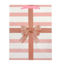 Пакет подарочный 18*10*23 Полосы с бантом розовый