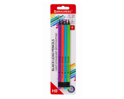 Набор карандашей чернографитных BRAUBERG ULTRA COLOR 4шт HB с ластиком пластиковые