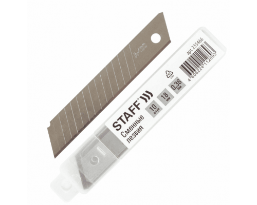 Лезвия для ножей 18 мм КОМПЛЕКТ 10шт толщина лезвия 0,38мм в пластиковом пенале STAFF Basic