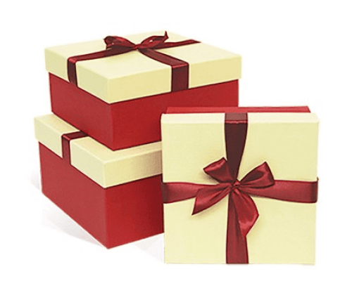 Коробка подарочная 19*19*9 с бантом тиснение РОГОЖКА красный-слоновая кость