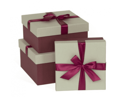 Коробка подарочная 21*21*11 с бантом тиснение РОГОЖКА серый-бордовый