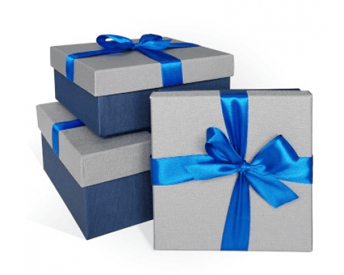 Коробка подарочная 19*19*9 с бантом тиснение РОГОЖКА синий-светло-серый