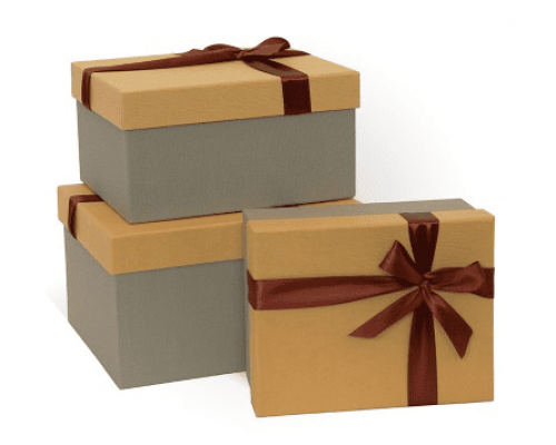 Коробка подарочная 19*15*9 с бантом тиснение РОГОЖКА бежевый-серый-шоколадный