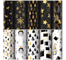 Бумага оберточная 70см*100м Новый год НГ Black.Gold.White рисунок в ассортименте