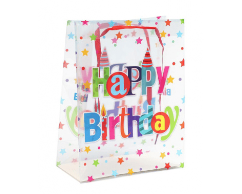 Пакет подарочный 27*21*11 С днем рождения! прозрачный рисунок в ассортименте