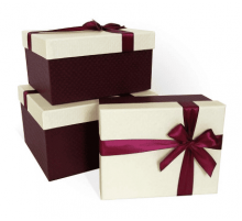 Коробка подарочная 19*15*9 с бантом тиснение РОМБ-крупный слоновая кость-бордо