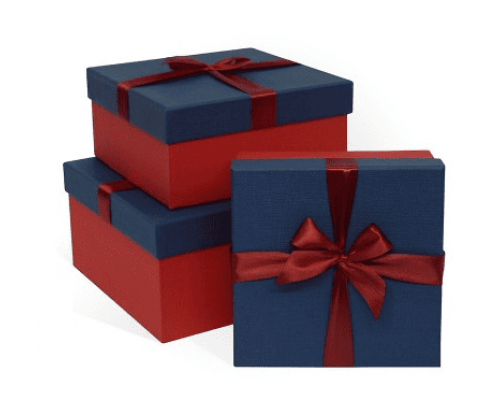 Коробка подарочная 17*17*7 с бантом тиснение РОГОЖКА красный-синий красный бант