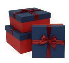 Коробка подарочная 21*21*11 с бантом тиснение РОГОЖКА красный-синий красный бант