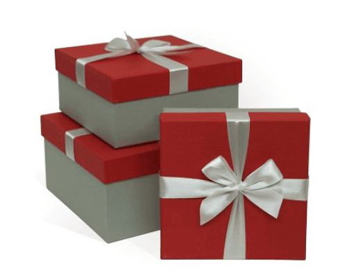 Коробка подарочная 19*19*9 с бантом тиснение РОГОЖКА красный-серый серый бант