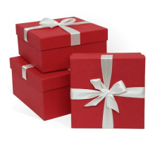 Коробка подарочная 17*17*7 с бантом тиснение РОГОЖКА красный моно белый бант