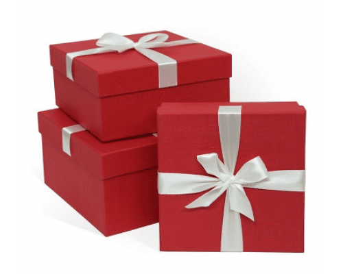 Коробка подарочная 21*21*11 с бантом тиснение РОГОЖКА красный моно белый бант