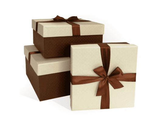 Коробка подарочная 19*19*9 с бантом тиснение РОМБ-крупный слоновая кость-коричневый шоколадный бант