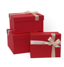Коробка подарочная 21*17*11 с бантом тиснение РОГОЖКА красный моно-слоновая кость бант