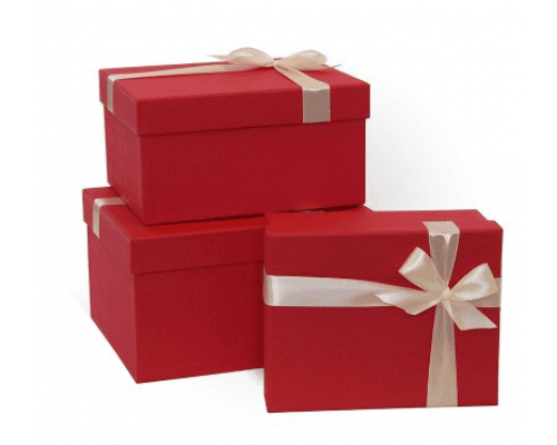 Коробка подарочная 21*17*11 с бантом тиснение РОГОЖКА красный моно-слоновая кость бант