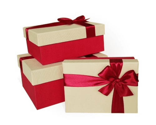 Коробка подарочная 15*11*5 с бантом тиснение РОГОЖКА ярко-красный-слоновая кость