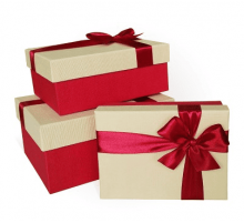 Коробка подарочная 19*15*9 с бантом тиснение РОГОЖКА ярко-красный-слоновая кость