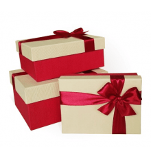 Коробка подарочная 19*15*9 с бантом тиснение РОГОЖКА ярко-красный-слоновая кость
