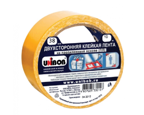 Скотч двухсторонний 38мм*10м 80мкм UNIBOB на полипропиленовой основе