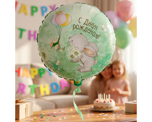 Шар фольгированный 18"/45см С днем рождения! Зайка с одуванчиками