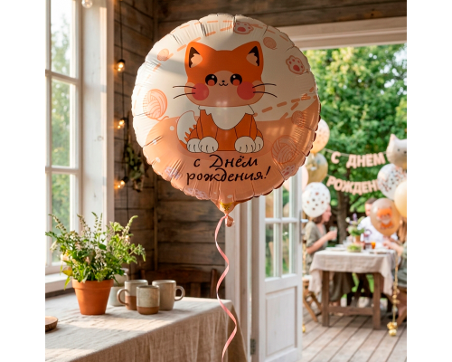 Шар фольгированный 18"/45см Круг Котик усатый С днем рождения!