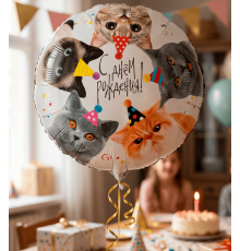 Шар фольгированный 18"/46см С днем рождения! Котики Круг